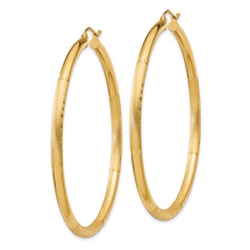 14k Yellow Gold Satin Finish Hoop Earrings with Diamond-cut Accents